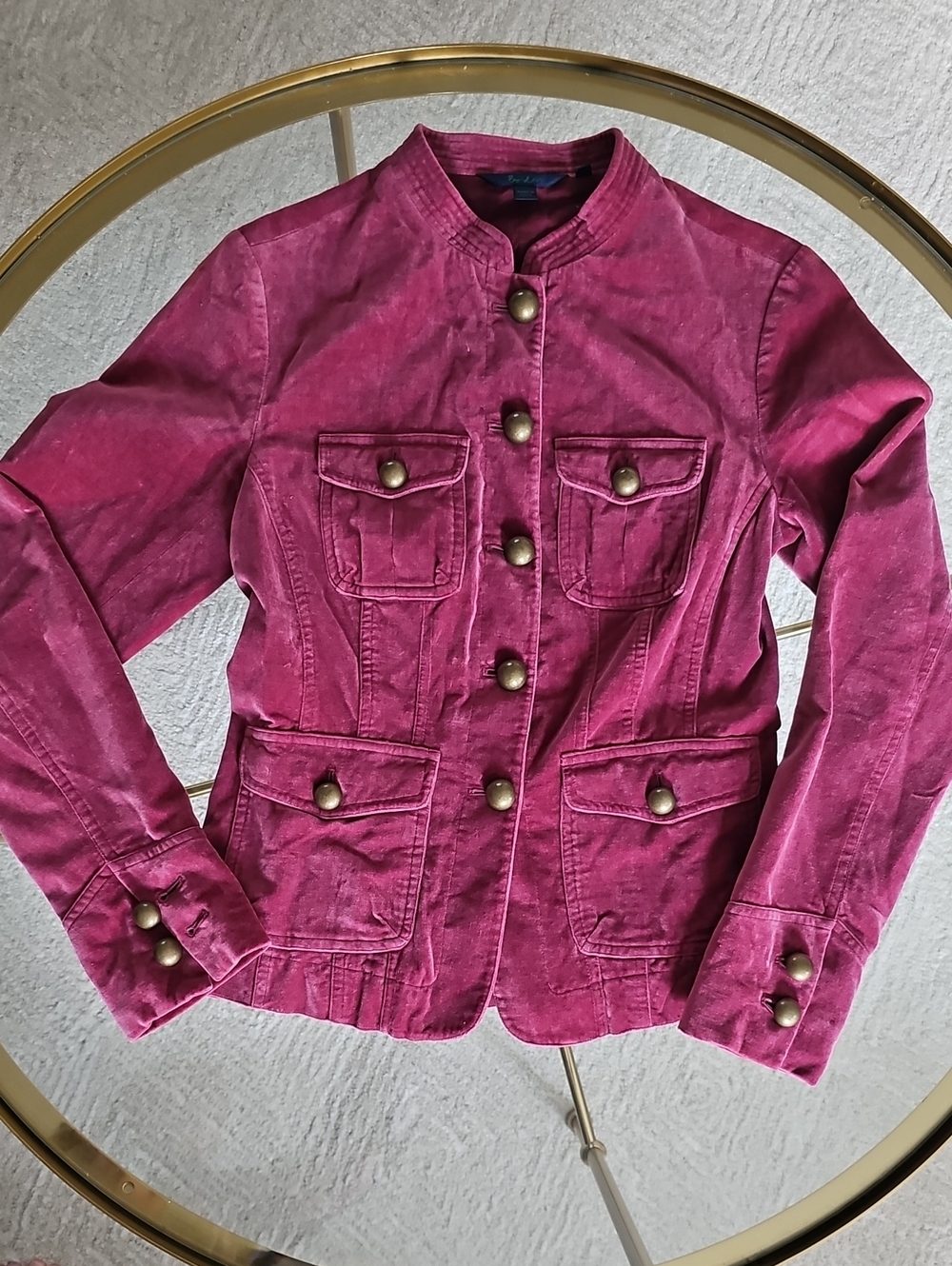 Boden Velvet Raspberry-Pink Utility Jacket with Brass Buttons
